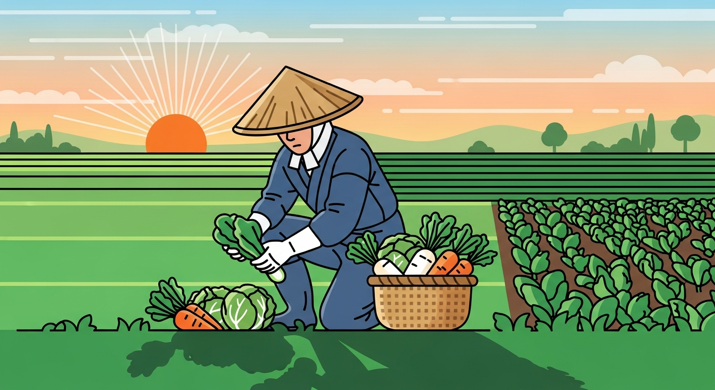 農家がSNS直販で規格外野菜を販売するイメージ